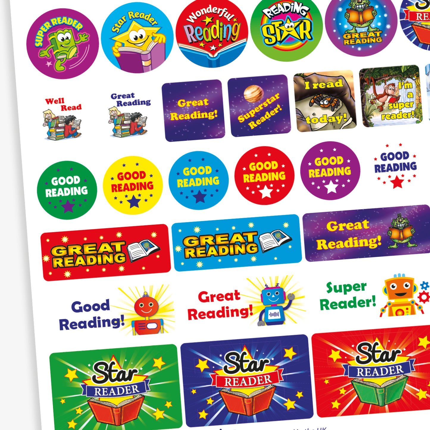 A colourful sheet of reading reward stickers with phrases such as 'Star Reader', 'Superstar Reader', 'Good Reading', 'Great Reading', 'I’ve Read Today', 'Super Reader', and 'Super Speller'. The stickers feature playful designs including books, animals, a smiling sun, and fantasy-themed elements. Various shapes and bright colours are used to motivate and celebrate reading achievements in children.