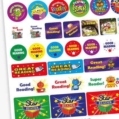 A colourful sheet of reading reward stickers with phrases such as 'Star Reader', 'Superstar Reader', 'Good Reading', 'Great Reading', 'I’ve Read Today', 'Super Reader', and 'Super Speller'. The stickers feature playful designs including books, animals, a smiling sun, and fantasy-themed elements. Various shapes and bright colours are used to motivate and celebrate reading achievements in children.
