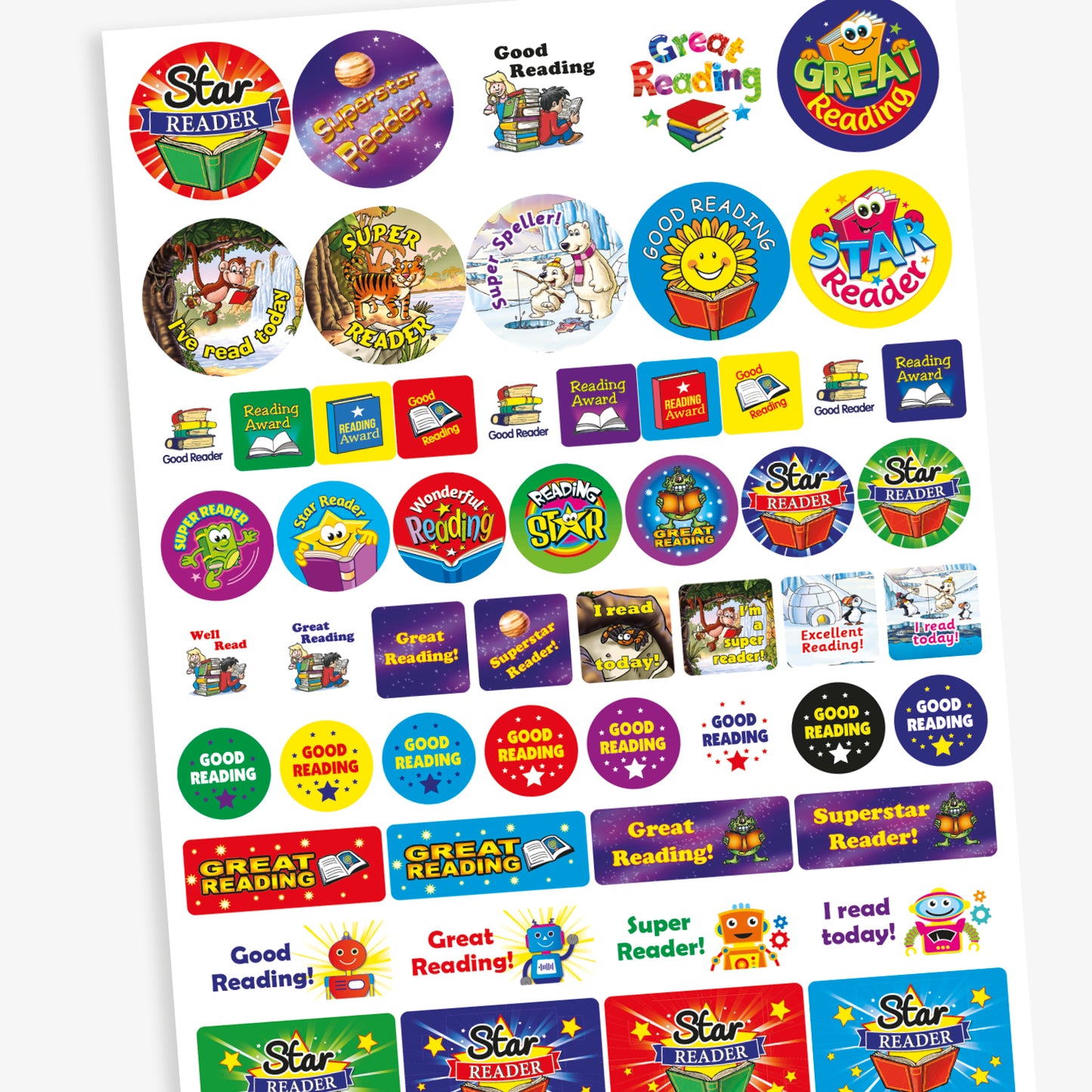 A colourful sheet of reading reward stickers with phrases such as 'Star Reader', 'Superstar Reader', 'Good Reading', 'Great Reading', 'I’ve Read Today', 'Super Reader', and 'Super Speller'. The stickers feature playful designs including books, animals, a smiling sun, and fantasy-themed elements. Various shapes and bright colours are used to motivate and celebrate reading achievements in children.
