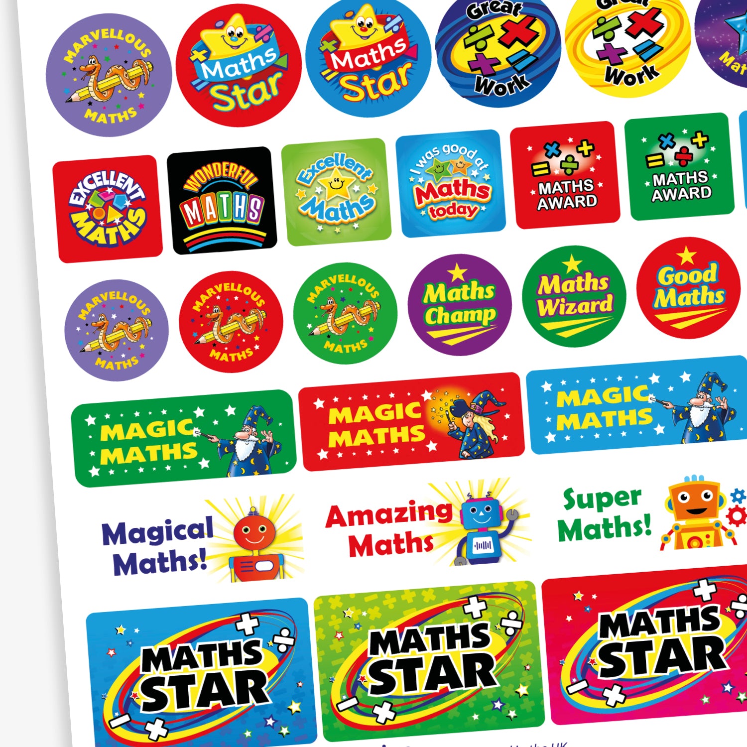 A collection of colourful maths-themed reward stickers with phrases such as 'Maths Award', 'Magical Maths', 'Cool Maths', 'Marvellous Maths', 'Maths Star', and 'Great Work'. Designs feature fun characters and imagery like trophies, magicians' hats, rabbits, penguins, and smiling number-themed creatures. The stickers come in various bright colours and shapes, designed to celebrate and motivate achievement in mathematics.