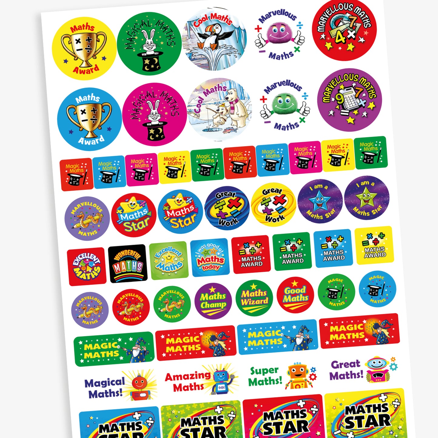 A collection of colourful maths-themed reward stickers with phrases such as 'Maths Award', 'Magical Maths', 'Cool Maths', 'Marvellous Maths', 'Maths Star', and 'Great Work'. Designs feature fun characters and imagery like trophies, magicians' hats, rabbits, penguins, and smiling number-themed creatures. The stickers come in various bright colours and shapes, designed to celebrate and motivate achievement in mathematics.