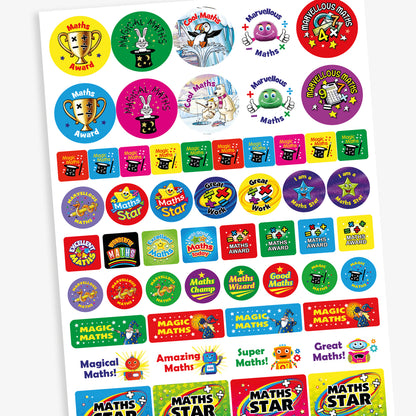 A collection of colourful maths-themed reward stickers with phrases such as 'Maths Award', 'Magical Maths', 'Cool Maths', 'Marvellous Maths', 'Maths Star', and 'Great Work'. Designs feature fun characters and imagery like trophies, magicians' hats, rabbits, penguins, and smiling number-themed creatures. The stickers come in various bright colours and shapes, designed to celebrate and motivate achievement in mathematics.