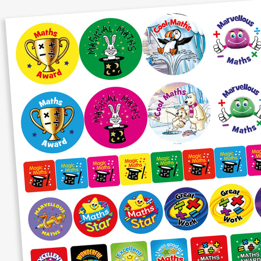 A collection of colourful maths-themed reward stickers with phrases such as 'Maths Award', 'Magical Maths', 'Cool Maths', 'Marvellous Maths', 'Maths Star', and 'Great Work'. Designs feature fun characters and imagery like trophies, magicians' hats, rabbits, penguins, and smiling number-themed creatures. The stickers come in various bright colours and shapes, designed to celebrate and motivate achievement in mathematics.