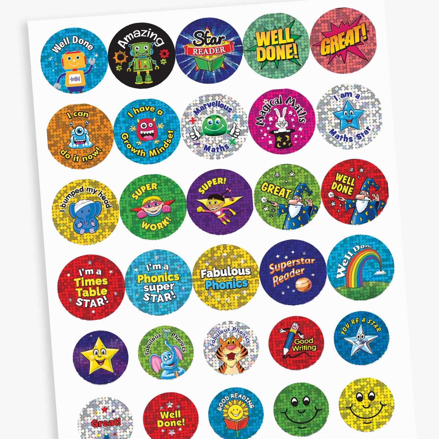 Overview of a sheet of colourful reward stickers featuring a variety of fun designs including robots, wizards, rainbows, books, and stars. Messages include 'Well Done', 'Amazing', 'Magical Maths', 'Star Reader', 'Superstar Reader', and 'I'm a Phonics Super Star'.
