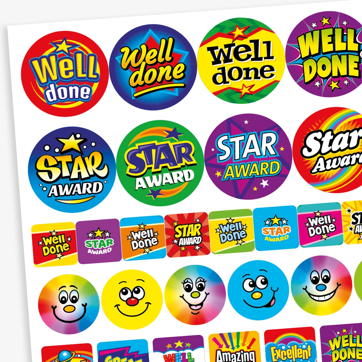 A mixed sheet of colourful reward stickers with phrases such as 'Well Done', 'Star Award', 'Amazing', and 'Excellent'. The stickers feature bold text in vibrant colours and various styles, including round and rectangular shapes. Some designs include smiley faces, stars, and rainbow effects, all intended to celebrate effort and achievement in a fun, eye-catching way.