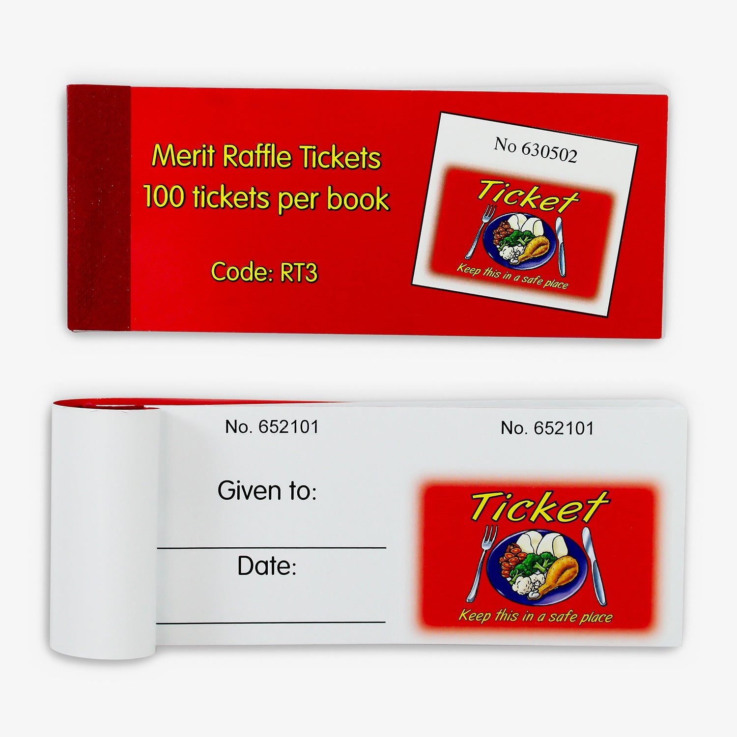 A booklet containing 100 merit raffle tickets, each measuring 126mm by 56mm, featuring a roast dinner on a plate for rewards at lunchtime.