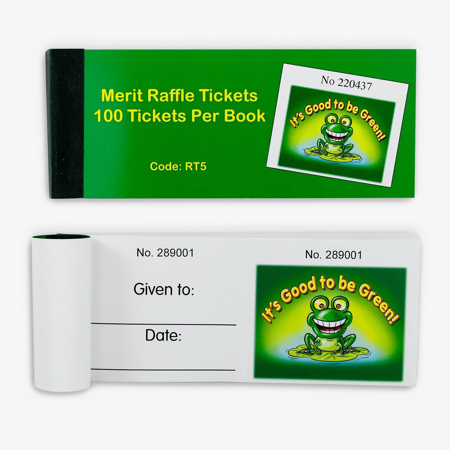 A booklet containing 100  merit raffle tickets, each measuring 126mm by 56mm, featuring a cheerful green frog illustration with wide eyes and a big smile, sitting on a lily pad, accompanied by the phrase 'It's Good to be Green!' in bold yellow text