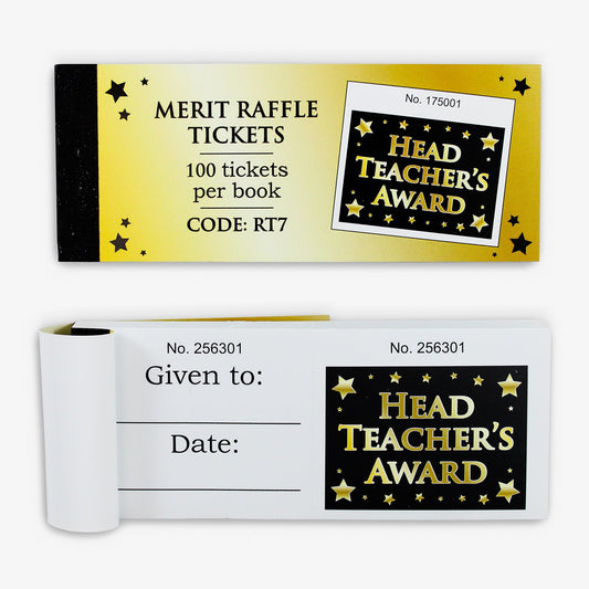A booklet containing 100  merit raffle tickets, each measuring 126mm by 56mm, featuring a black front with ''HEAD TEACHER'S AWARD' in bold gold letters, surrounded by gold stars