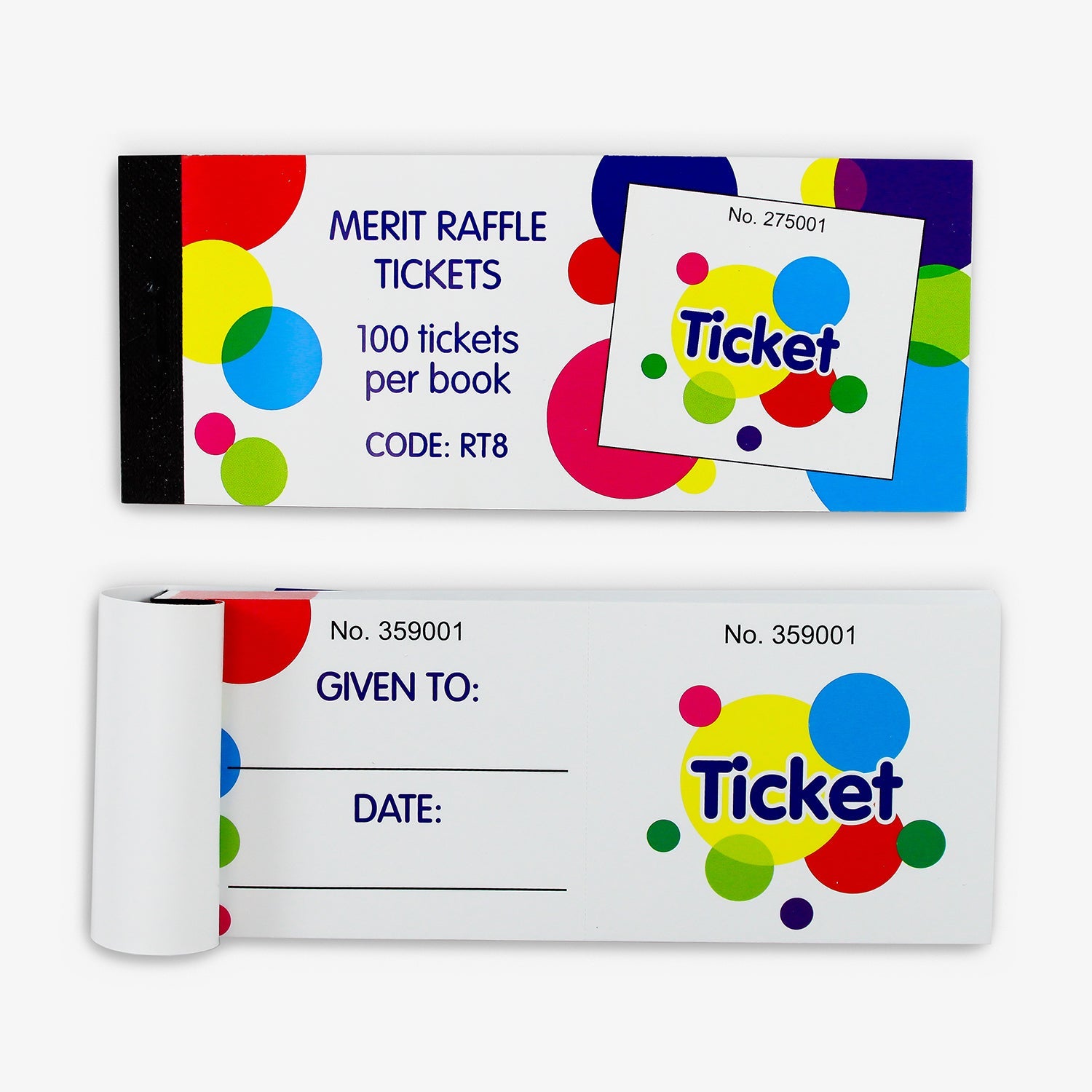 A booklet containing 100 multicoloured merit raffle tickets, each measuring 126mm by 56mm, featuring a vibrant circles design with the word 'Ticket' in bold letters and spaces labelled 'Given to:' and 'Date:' 
