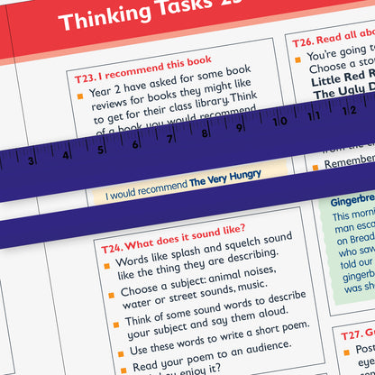 15cm blue ruler to block off extraneous text  with clear window size of 5mm x 149mm is optimised for wording up to 14pt text size positioned over a page of a workbook.