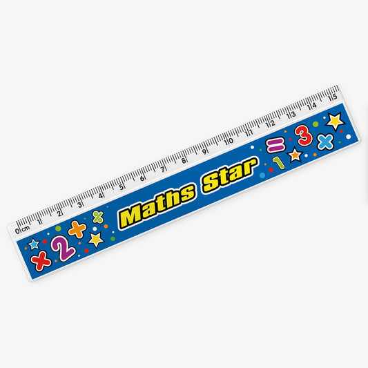A blue 15cm ruler featuring the phrase 'Maths Star' in bold yellow letters, decorated with colourful mathematical symbols like plus, minus, multiplication, division, and stars.
