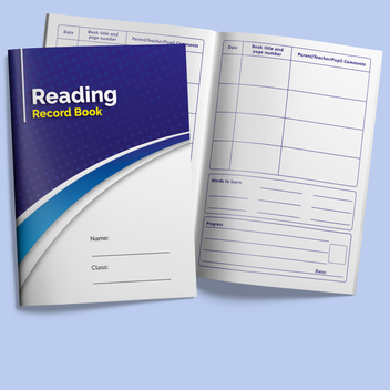 Reading record book on light bluee background one is open and one is closed showing inside pages and front cover