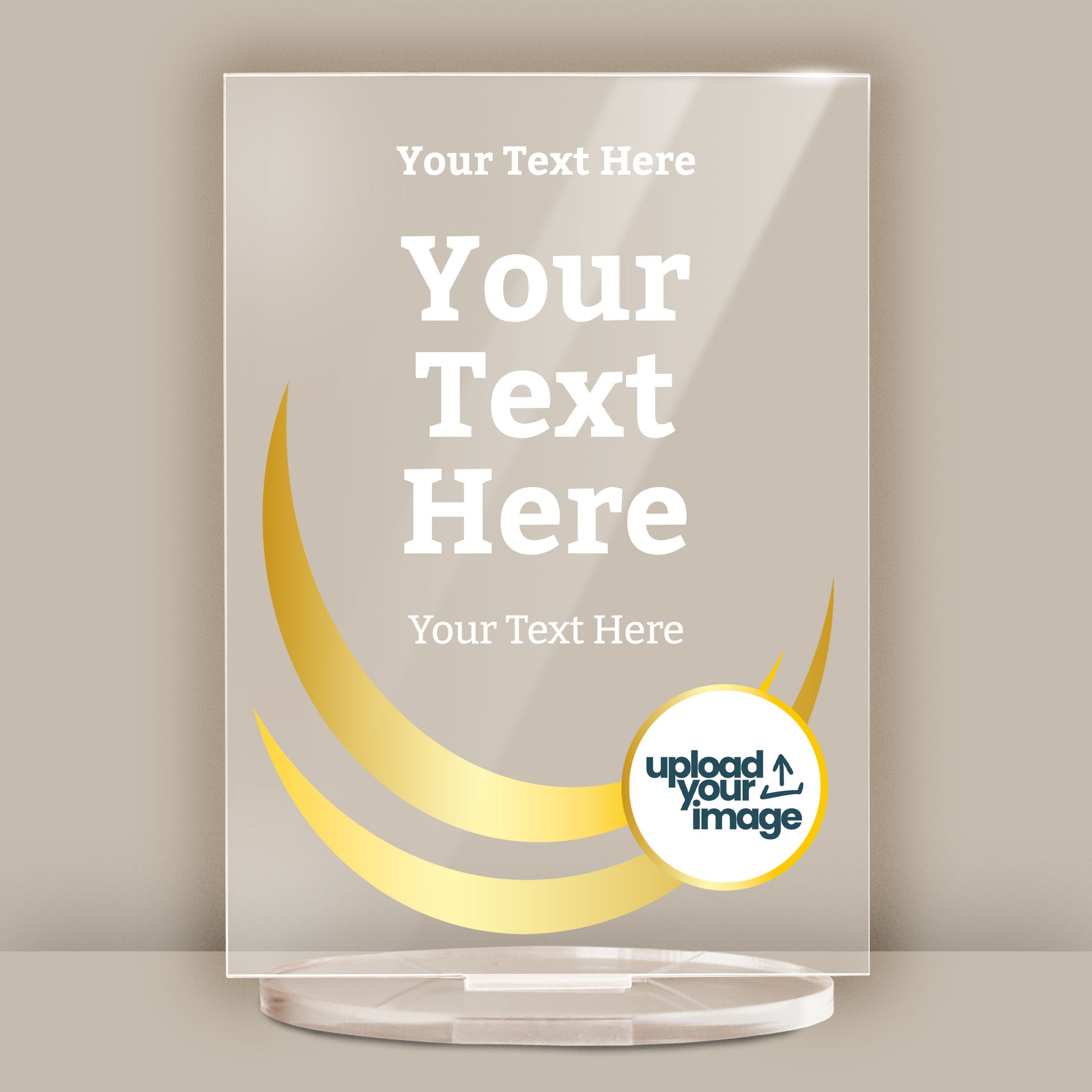 A rectangular, clear acrylic award plaque standing on a circular base. The design features curved gold wave graphics on the left side, and a camera icon in a circle at the bottom right, indicating space for a custom photo. The text areas are labelled 'Top Wording Here', 'YOUR AWARD TEXT HERE', and 'Lower Wording Here', allowing for personalisation. The overall style is sleek and modern, ideal for formal recognition.