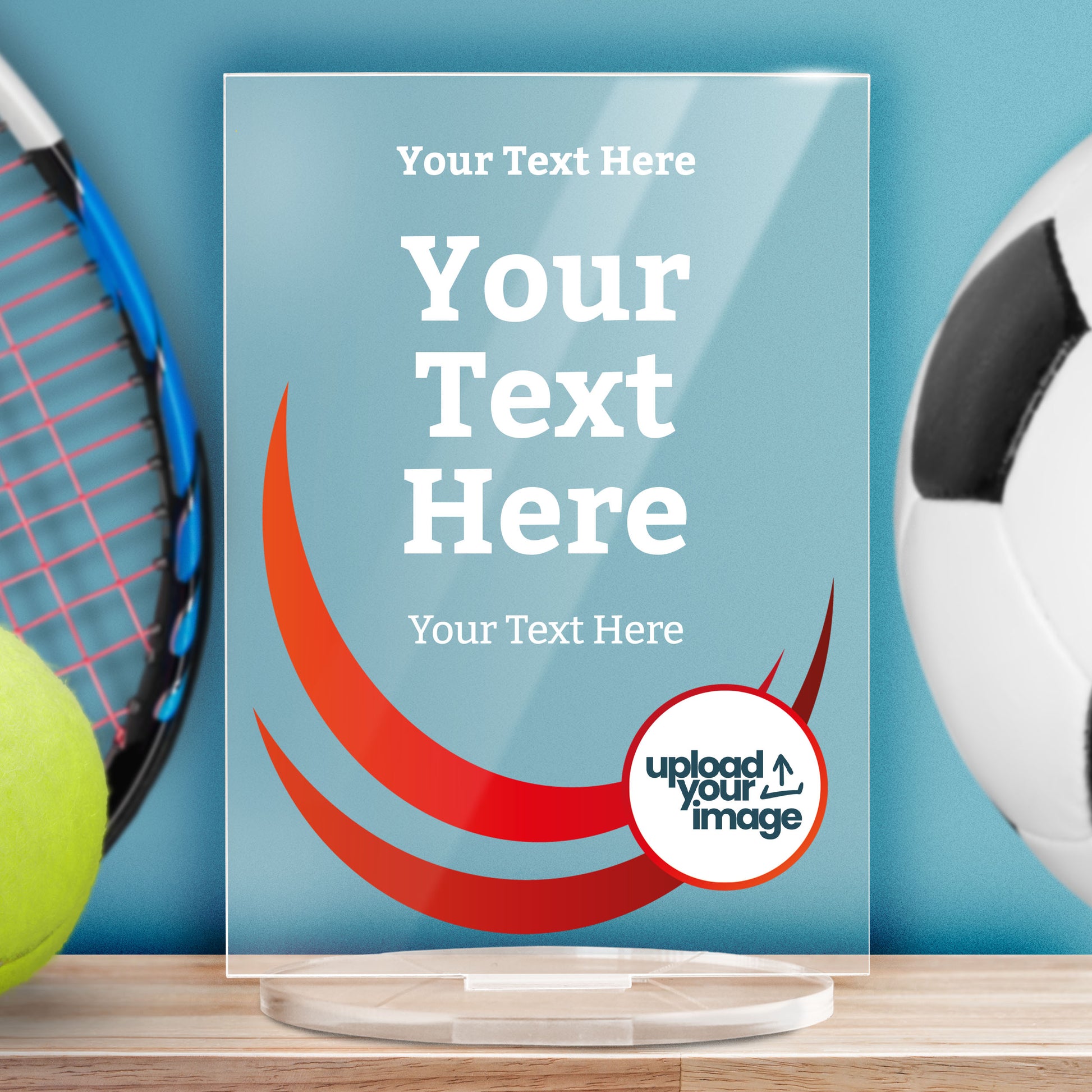 A rectangular, clear acrylic award plaque standing on a circular base. The design features curved red wave graphics on the left side, and a camera icon in a circle at the bottom right, indicating space for a custom photo. The text areas are labelled 'Top Wording Here', 'YOUR AWARD TEXT HERE', and 'Lower Wording Here', allowing for personalisation. The overall style is sleek and modern, ideal for formal recognition.