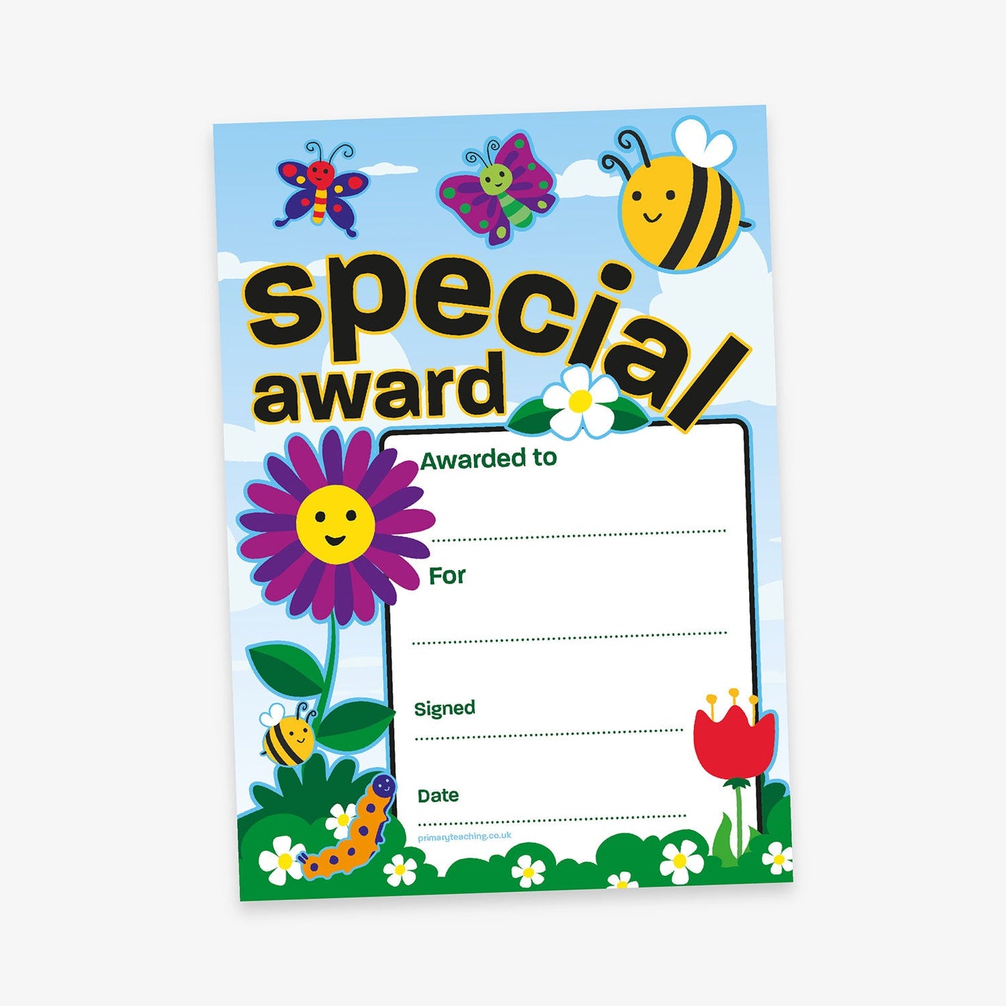 A cheerful 'Special Award' certificate with a colourful springtime theme. The background features a blue sky with clouds, butterflies, a bee, and smiling flowers. The large title 'special award' is written in black and yellow bubble letters at the top. Below is a white box with lines for customisation, labelled: 'Awarded to', 'For', 'Signed', and 'Date'. The bottom border includes grass, daisies, a caterpillar, and a tulip.