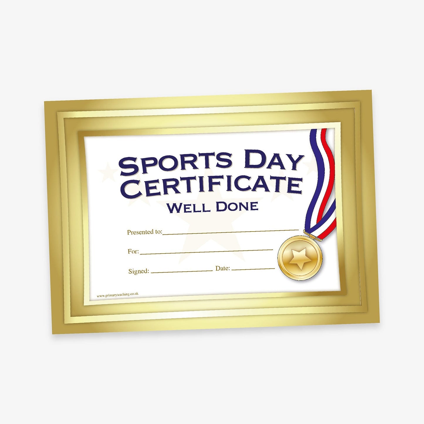 A classic style 'Sports Day Certificate' with a gold frame border. The title is written in large dark blue letters at the top, with 'SPORTS DAY CERTIFICATE' and underneath in smaller letters 'WELL DONE'. Beneath the tile there are lines for recipient details labelled: 'Presented to:', 'For:', 'Signed:' and 'Date:'.