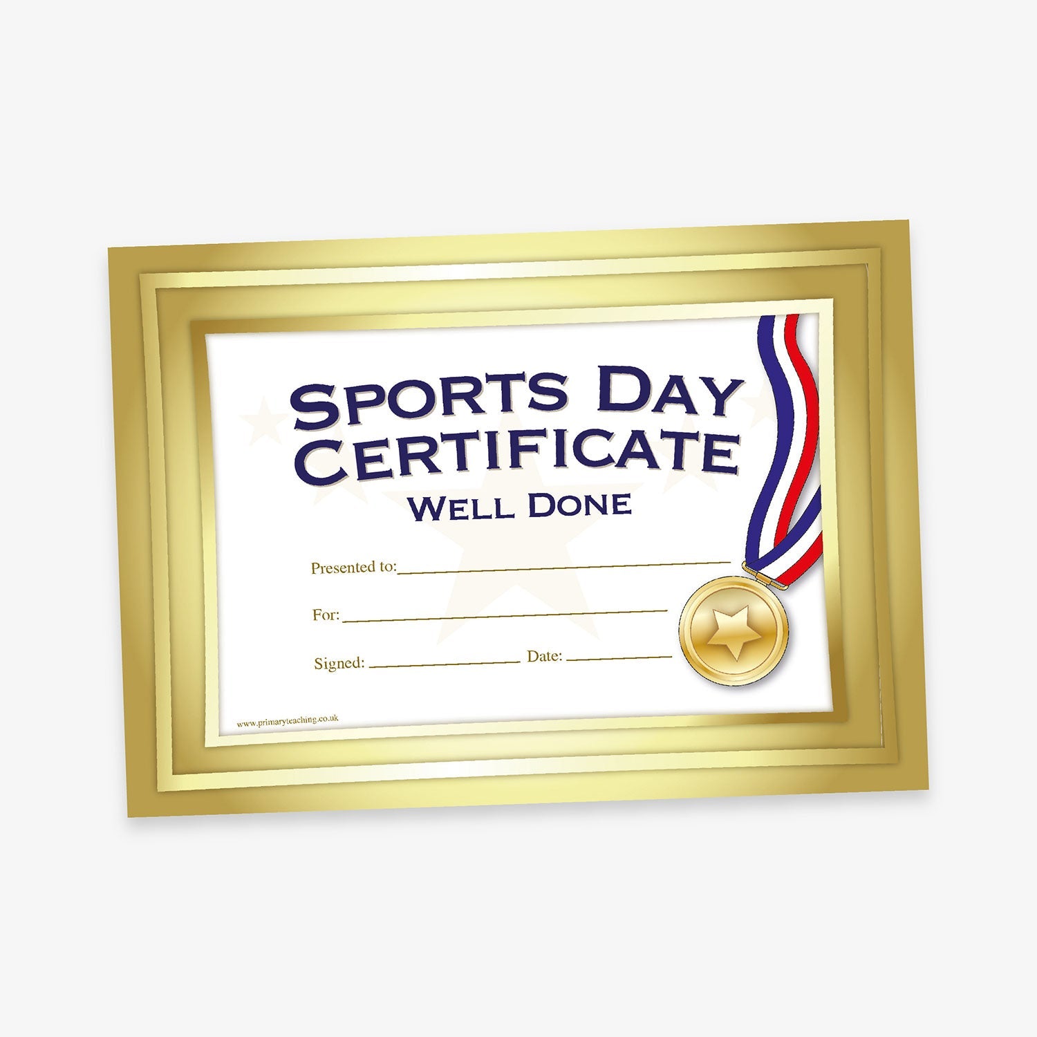 A classic style 'Sports Day Certificate' with a gold frame border. The title is written in large dark blue letters at the top, with 'SPORTS DAY CERTIFICATE' and underneath in smaller letters 'WELL DONE'. Beneath the tile there are lines for recipient details labelled: 'Presented to:', 'For:', 'Signed:' and 'Date:'.
