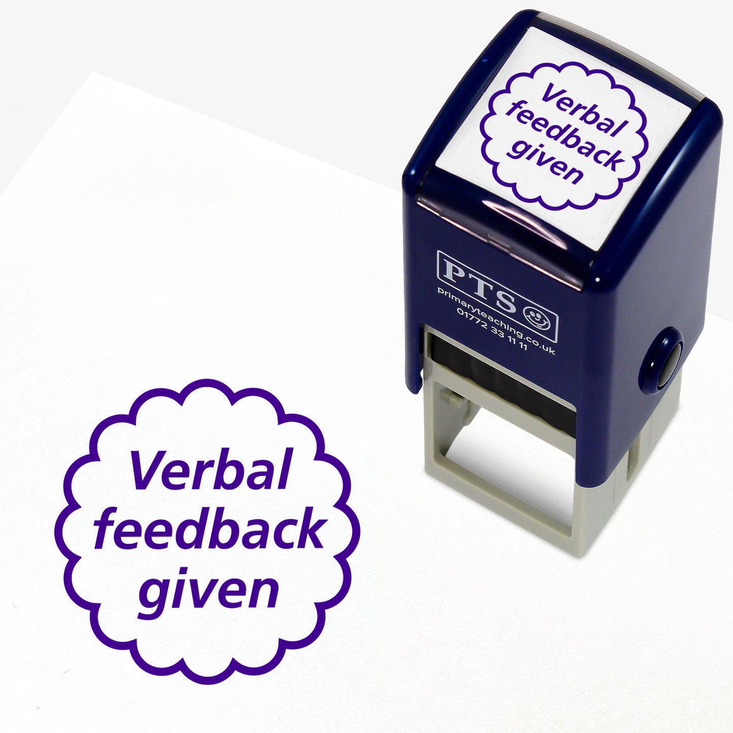 A 25mm round pre-inked teacher stamper with purple ink, featuring the text 'Verbal feedback given' in a clear, bold font within a wavy circle.