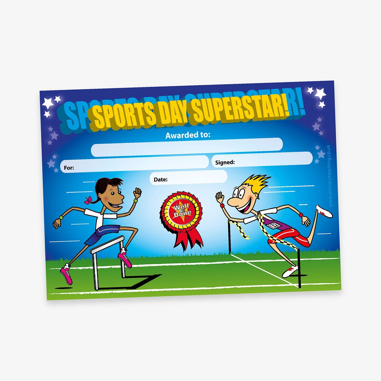 A colourful participation certificate with the title 'SPORTS DAY SUPERSTAR' in bold yellow letters at the top. The background shows a sports day scene with a boy crossing a finish line and a girl going over a hurdle. A red ribbon rosette reads 'Well Done!'. Blank spaces are provided for 'Awarded to:', 'For:', 'Signed:', and 'Date:'. The grass and sky create a lively, outdoor atmosphere.