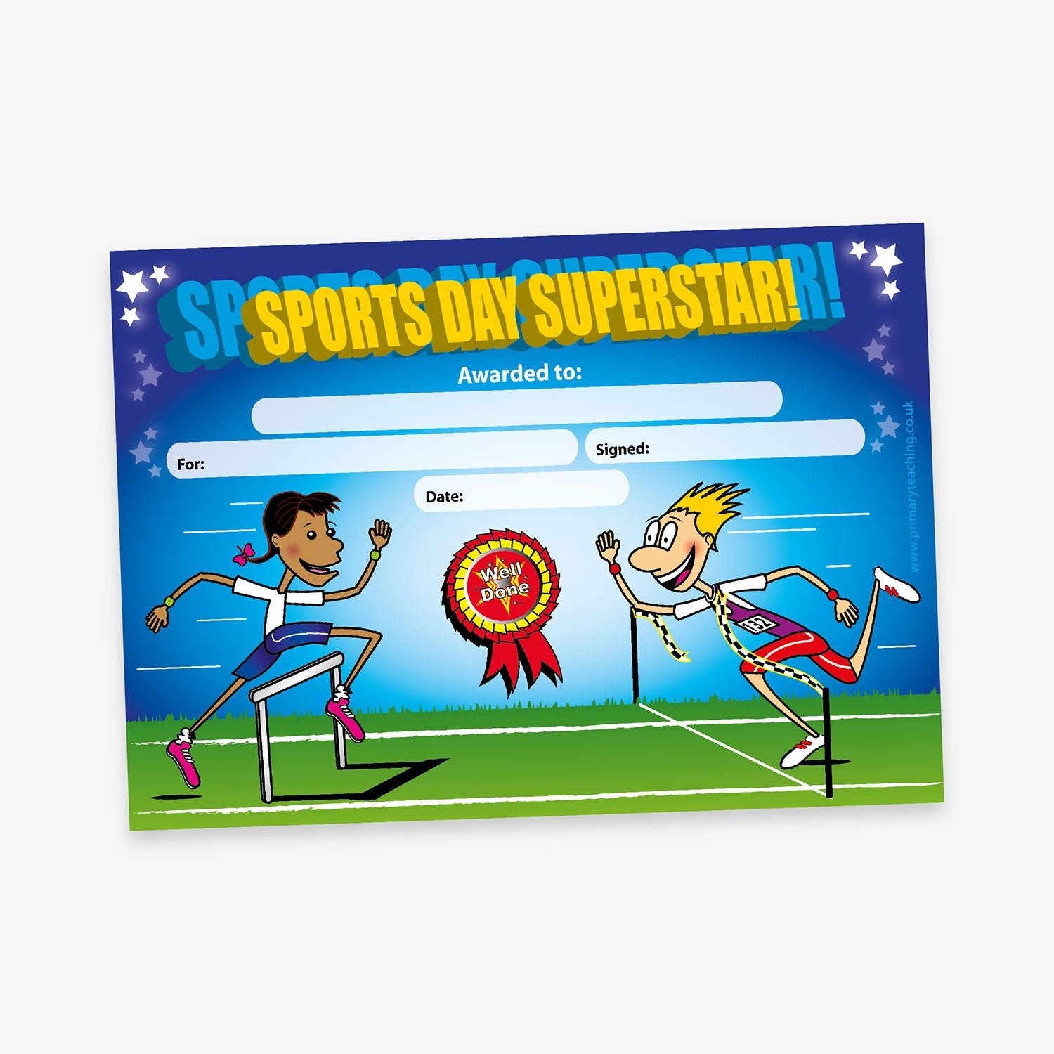 A colourful participation certificate with the title 'SPORTS DAY SUPERSTAR' in bold yellow letters at the top. The background shows a sports day scene with a boy crossing a finish line and a girl going over a hurdle. A red ribbon rosette reads 'Well Done!'. Blank spaces are provided for 'Awarded to:', 'For:', 'Signed:', and 'Date:'. The grass and sky create a lively, outdoor atmosphere.