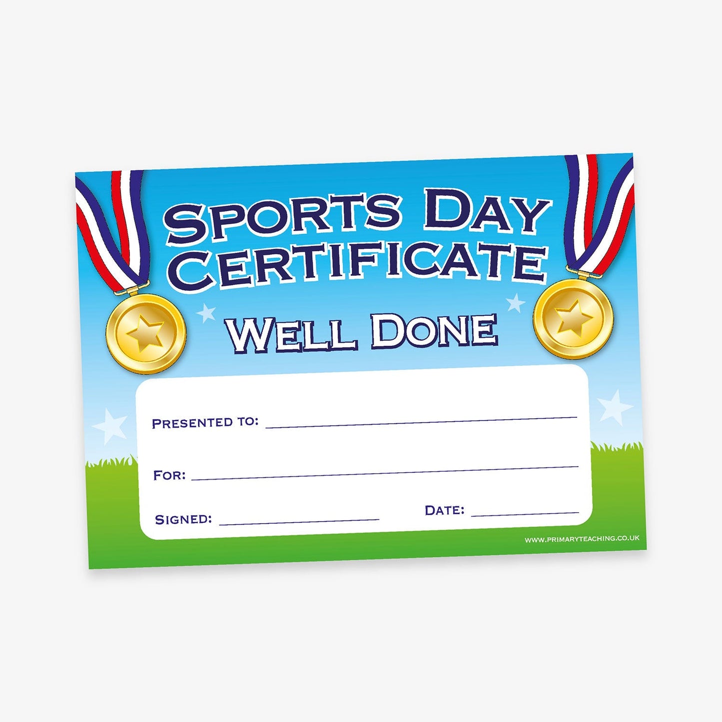 Bright and cheerful 'Sports Day Certificate' with a blue sky background, two gold medals with red, white, and blue ribbons, and bold text saying 'Well Done'. Includes fields for recipient name, reason, signature, and date over a green grass foreground.