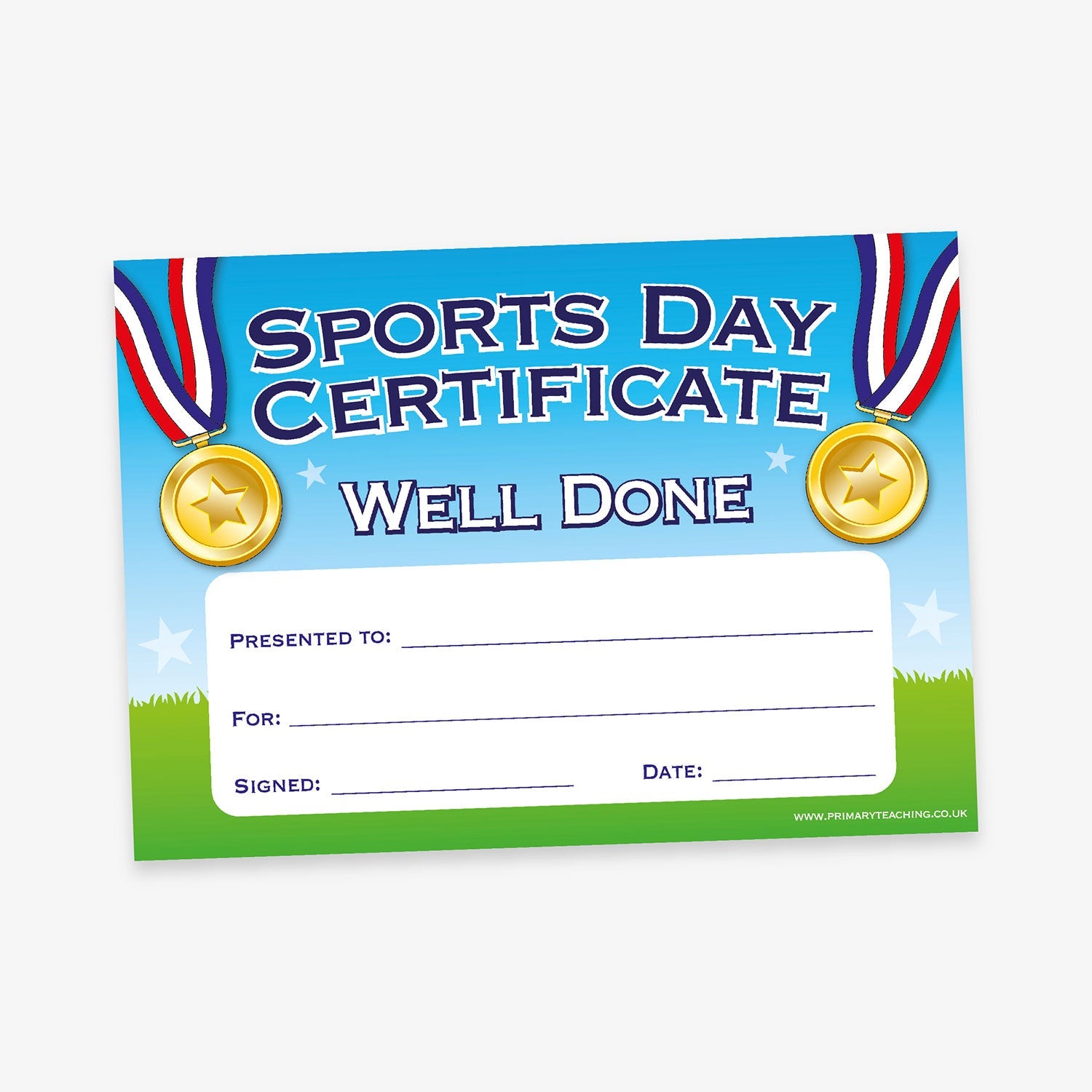 Bright and cheerful 'Sports Day Certificate' with a blue sky background, two gold medals with red, white, and blue ribbons, and bold text saying 'Well Done'. Includes fields for recipient name, reason, signature, and date over a green grass foreground.