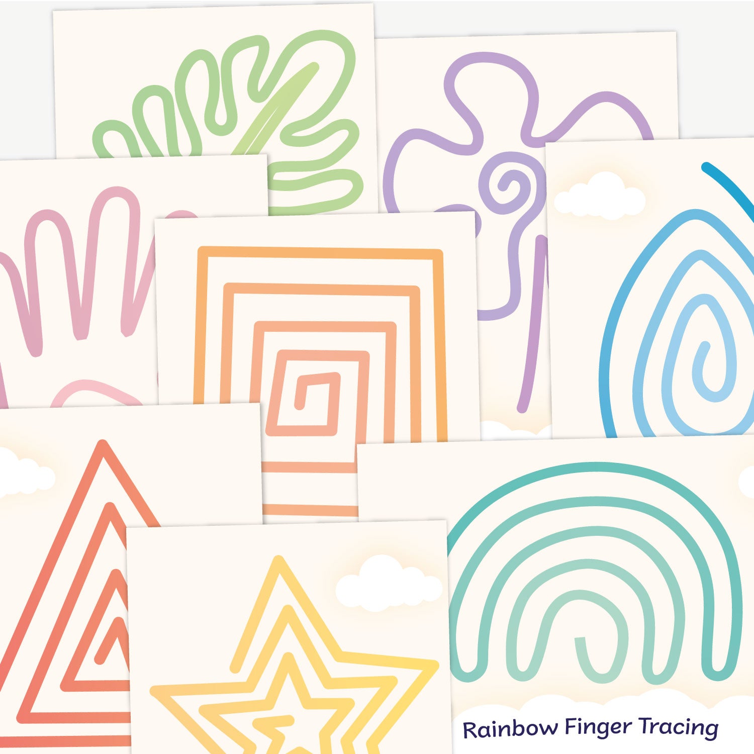 A collection of colourful finger tracing cards, each featuring a unique line pattern in various shapes such as hands, spirals, stars, triangles, rainbows, and abstract forms. The designs are drawn in pastel colours including pink, orange, green, blue, purple, and yellow, intended for sensory or fine motor skills development. Text in the corner reads 'Rainbow Finger Tracing'
