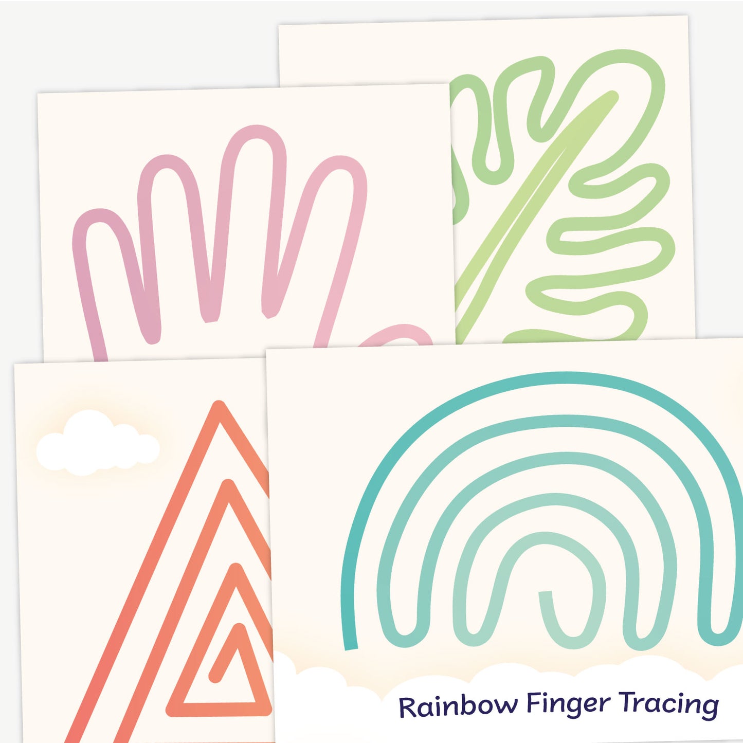 A collection of colourful finger tracing cards, each featuring a unique line pattern in various shapes such as hands, leaf, triangles and rainbow. The designs are drawn in pastel colours including pink, orange, green, blue, purple, and yellow, intended for sensory or fine motor skills development. Text in the corner reads 'Rainbow Finger Tracing'