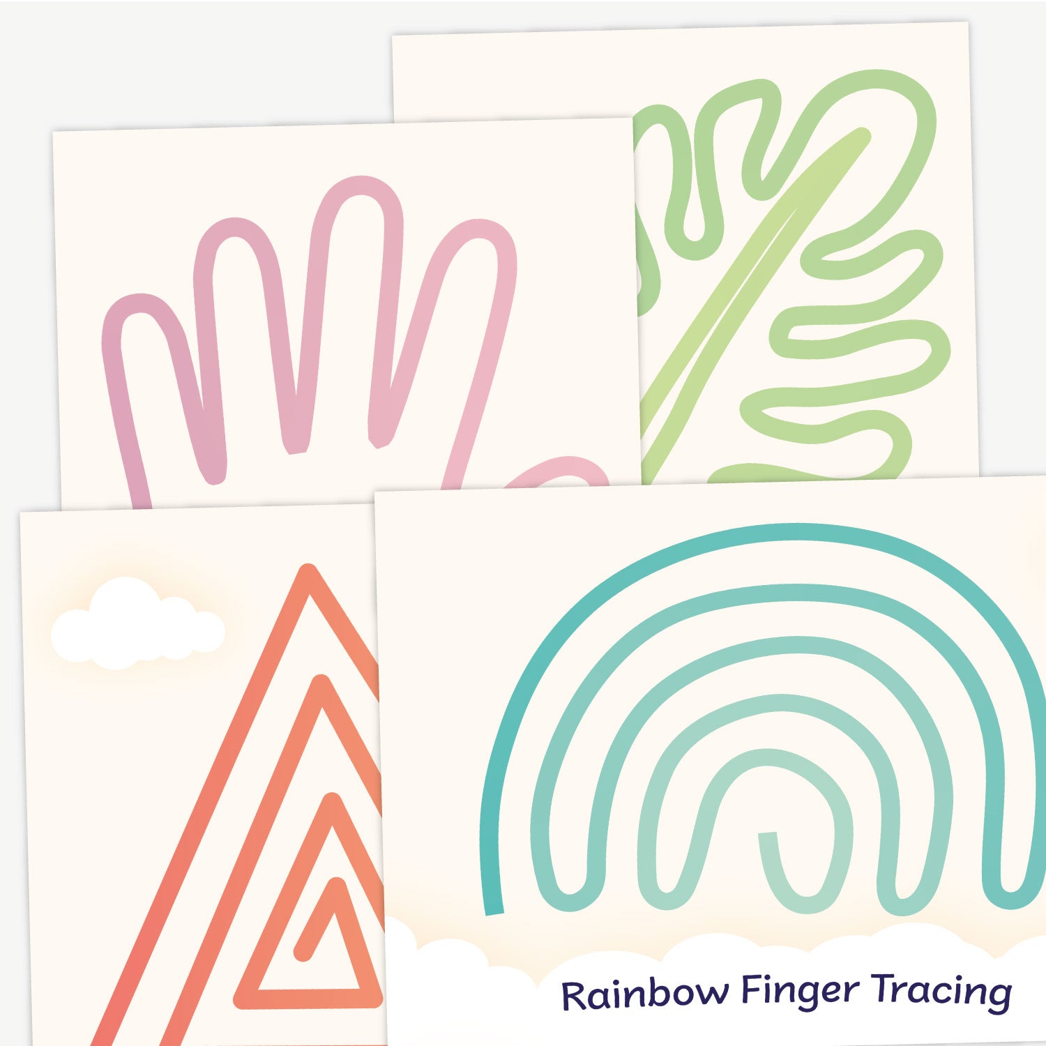 A collection of colourful finger tracing cards, each featuring a unique line pattern in various shapes such as hands, leaf, triangles and rainbow. The designs are drawn in pastel colours including pink, orange, green, blue, purple, and yellow, intended for sensory or fine motor skills development. Text in the corner reads 'Rainbow Finger Tracing'