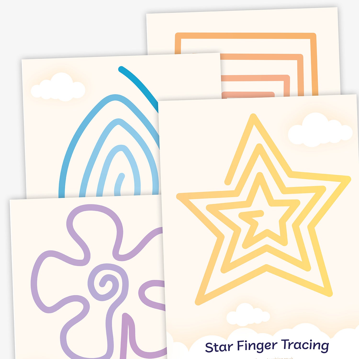A collection of colourful finger tracing cards, each featuring a unique line pattern in various shapes such as spirals, stars, flower and square and abstract forms. The designs are drawn in pastel colours including pink, orange, green, blue, purple, and yellow, intended for sensory or fine motor skills development. Text in the corner reads 'StarFinger Tracing'