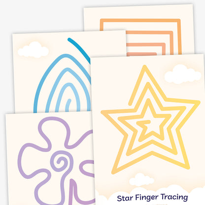 A collection of colourful finger tracing cards, each featuring a unique line pattern in various shapes such as spirals, stars, flower and square and abstract forms. The designs are drawn in pastel colours including pink, orange, green, blue, purple, and yellow, intended for sensory or fine motor skills development. Text in the corner reads 'StarFinger Tracing'