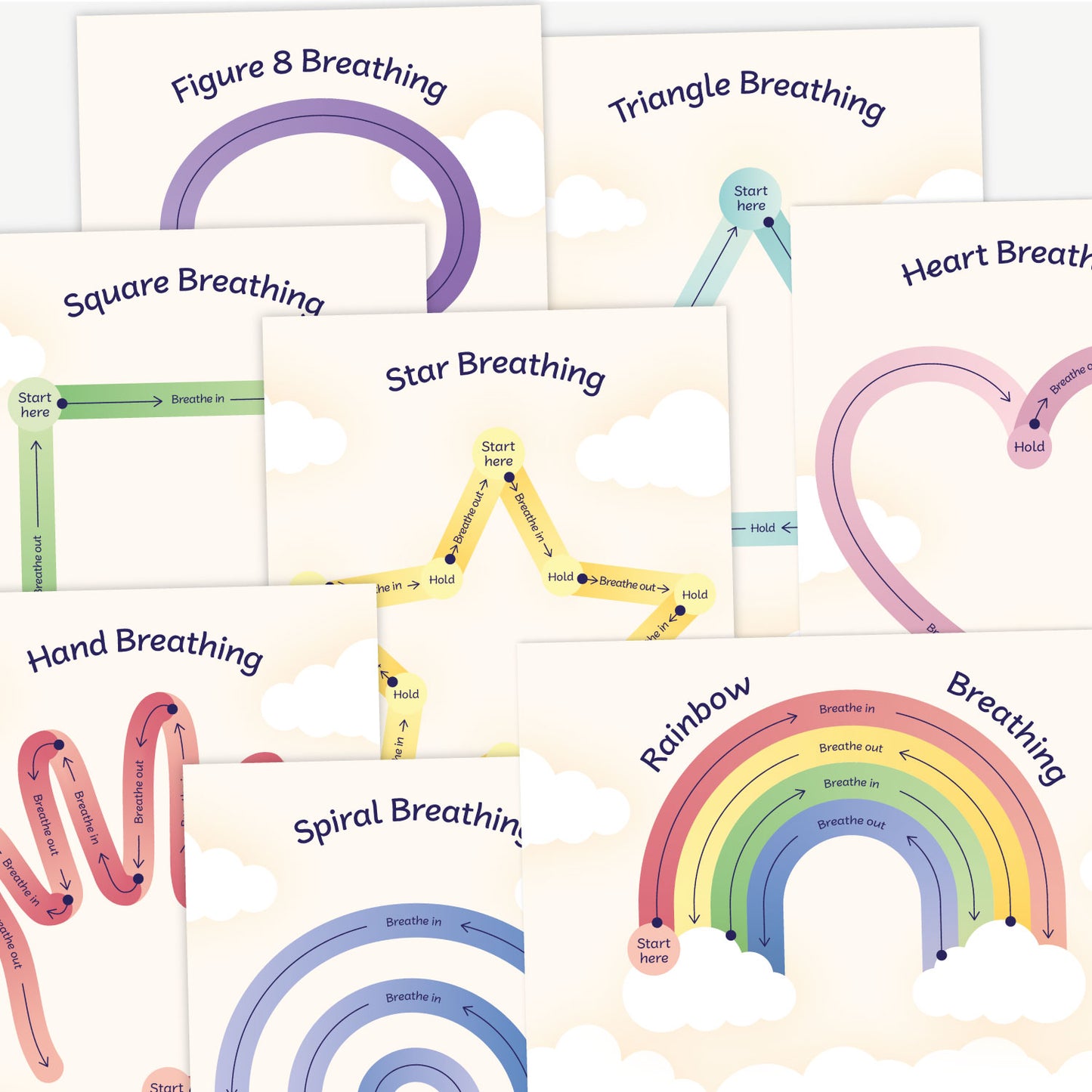A collection of breathing exercise cards featuring different shapes and labelled pathways for guided breathing. Designs include Figure 8, Triangle, Square, Star, Heart, Hand, Spiral, and Rainbow Breathing. Each path is colour-coded and marked with instructions such as 'Start here', 'Breathe in', 'Hold', and 'Breathe out', designed to help practise mindful breathing techniques.