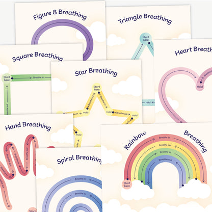 A collection of breathing exercise cards featuring different shapes and labelled pathways for guided breathing. Designs include Figure 8, Triangle, Square, Star, Heart, Hand, Spiral, and Rainbow Breathing. Each path is colour-coded and marked with instructions such as 'Start here', 'Breathe in', 'Hold', and 'Breathe out', designed to help practise mindful breathing techniques.