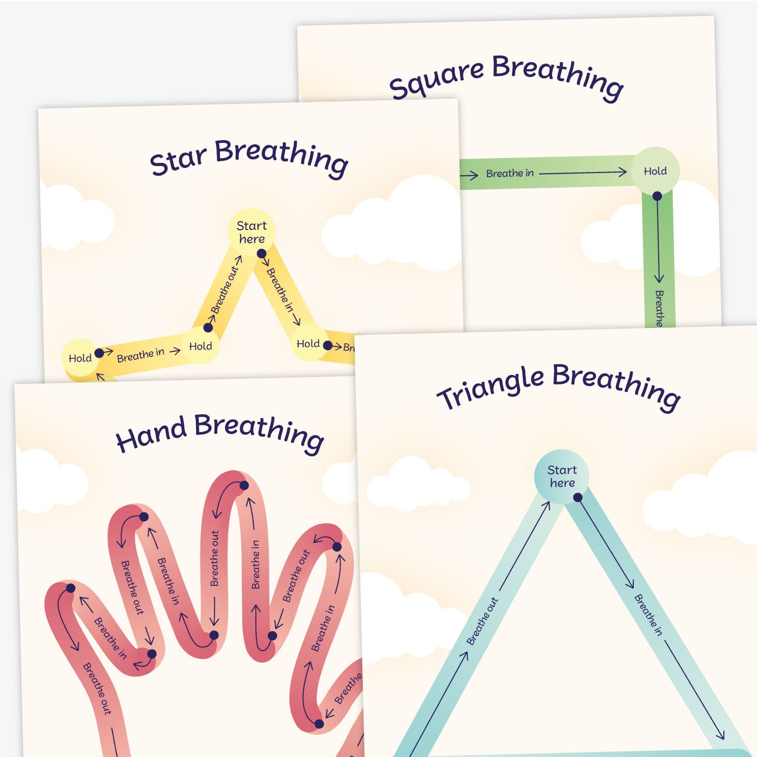 A collection of breathing exercise cards featuring different shapes and labelled pathways for guided breathing. Designs include Triangle, Square, Star and Hand Breathing. Each path is colour-coded and marked with instructions such as 'Start here', 'Breathe in', 'Hold', and 'Breathe out', designed to help practise mindful breathing techniques.