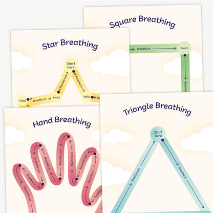 A collection of breathing exercise cards featuring different shapes and labelled pathways for guided breathing. Designs include Triangle, Square, Star and Hand Breathing. Each path is colour-coded and marked with instructions such as 'Start here', 'Breathe in', 'Hold', and 'Breathe out', designed to help practise mindful breathing techniques.