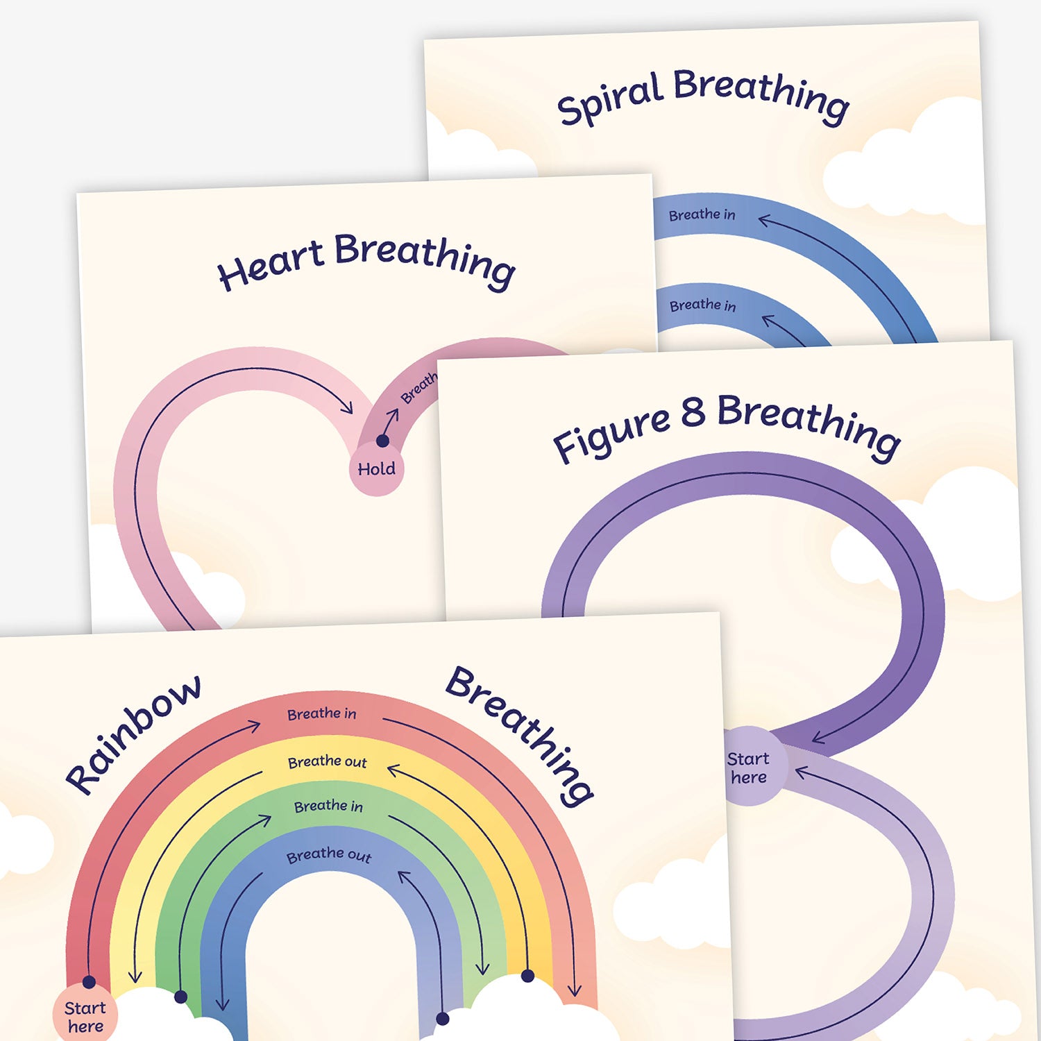 A collection of breathing exercise cards featuring different shapes and labelled pathways for guided breathing. Designs include Figure 8, Heart, Spiral, and Rainbow Breathing. Each path is colour-coded and marked with instructions such as 'Start here', 'Breathe in', 'Hold', and 'Breathe out', designed to help practise mindful breathing techniques.