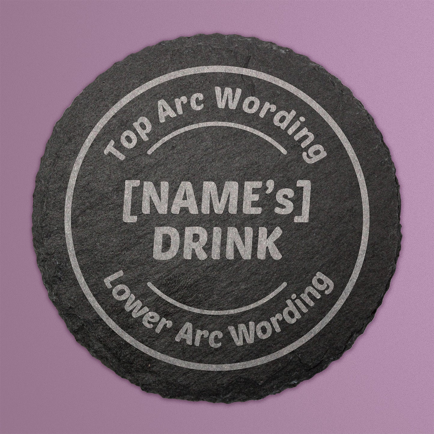 Round black slate coaster featuring a central engraved image of a steaming coffee cup, with placeholder text reading 'Top Arc Wording' and 'Lower Arc Wording' curved along the top and bottom.