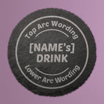 Round black slate coaster featuring a central engraved image of a steaming coffee cup, with placeholder text reading 'Top Arc Wording' and 'Lower Arc Wording' curved along the top and bottom.