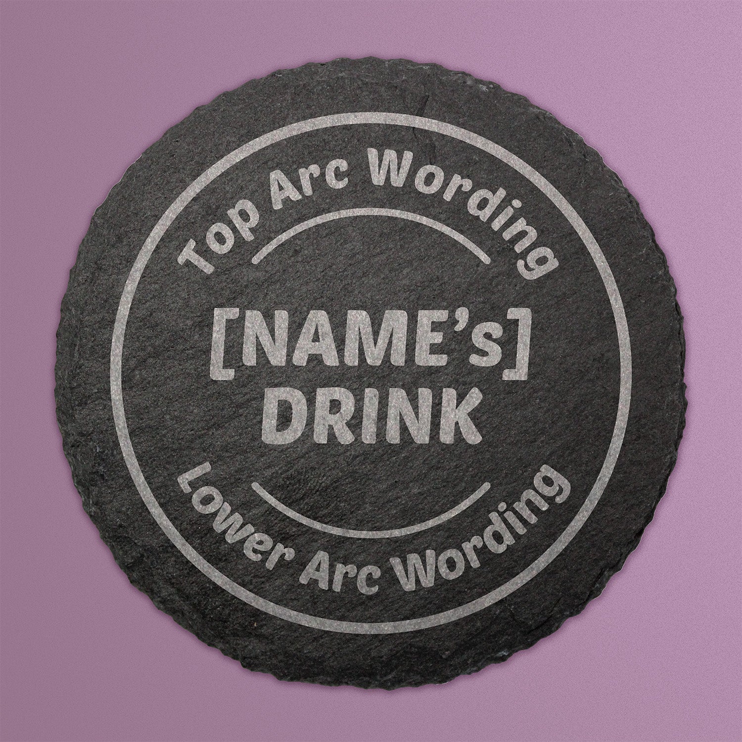 Round black slate coaster featuring a central engraved image of a steaming coffee cup, with placeholder text reading 'Top Arc Wording' and 'Lower Arc Wording' curved along the top and bottom.