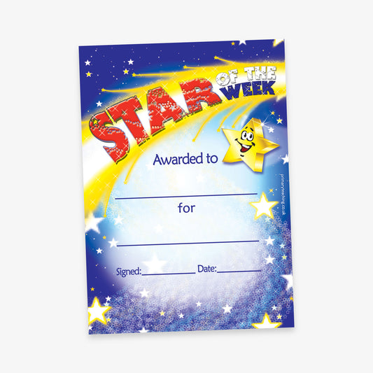 Star of the Week certificate with a starry night sky background and a smiling cartoon star. The title 'STAR of the WEEK' is displayed in bold red and yellow lettering with a shooting star design. There are blank lines for 'Awarded to', 'for', 'Signed', and 'Date'.