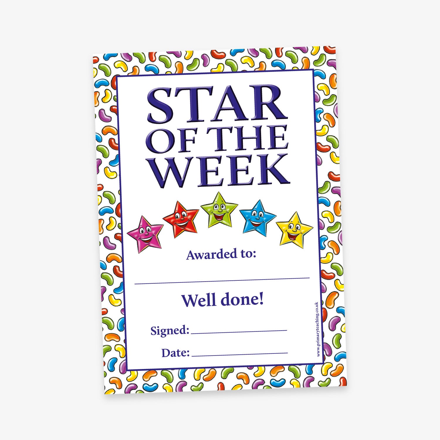 A Jellybean scented 'Star of the Week' certificate with a multicoloured jelly bean-style border. The title 'STAR OF THE WEEK' is printed in large dark blue letters at the top. Beneath it are five smiling cartoon stars in different colours. The certificate includes sections labelled 'Awarded to:', a message saying 'Well done!', and lines for 'Signed:' and 'Date:'.