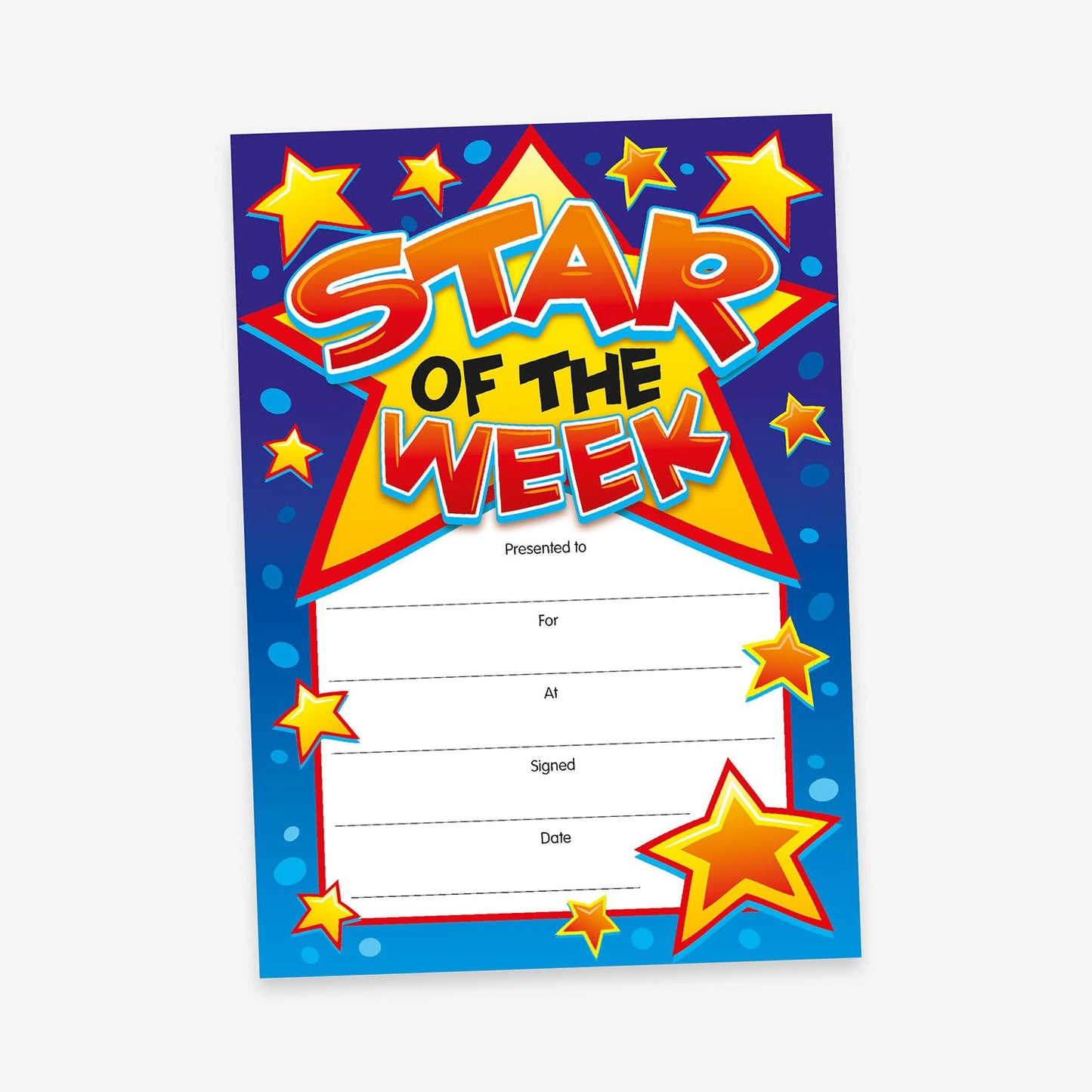 Star of the Week' certificate with a vibrant design featuring large yellow and red stars on a blue dotted background. Includes fields for recipient name, reason, where, date, and signature.