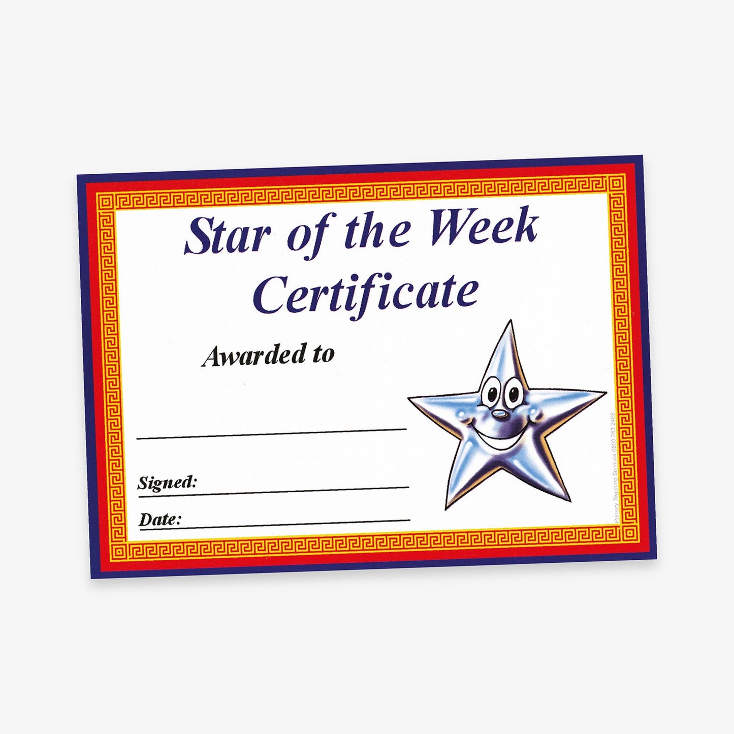 Star of the Week Certificate' with a red and gold decorative border, classic font, and a smiling silver star character on the right. Includes lines for recipient name, signature, and date.