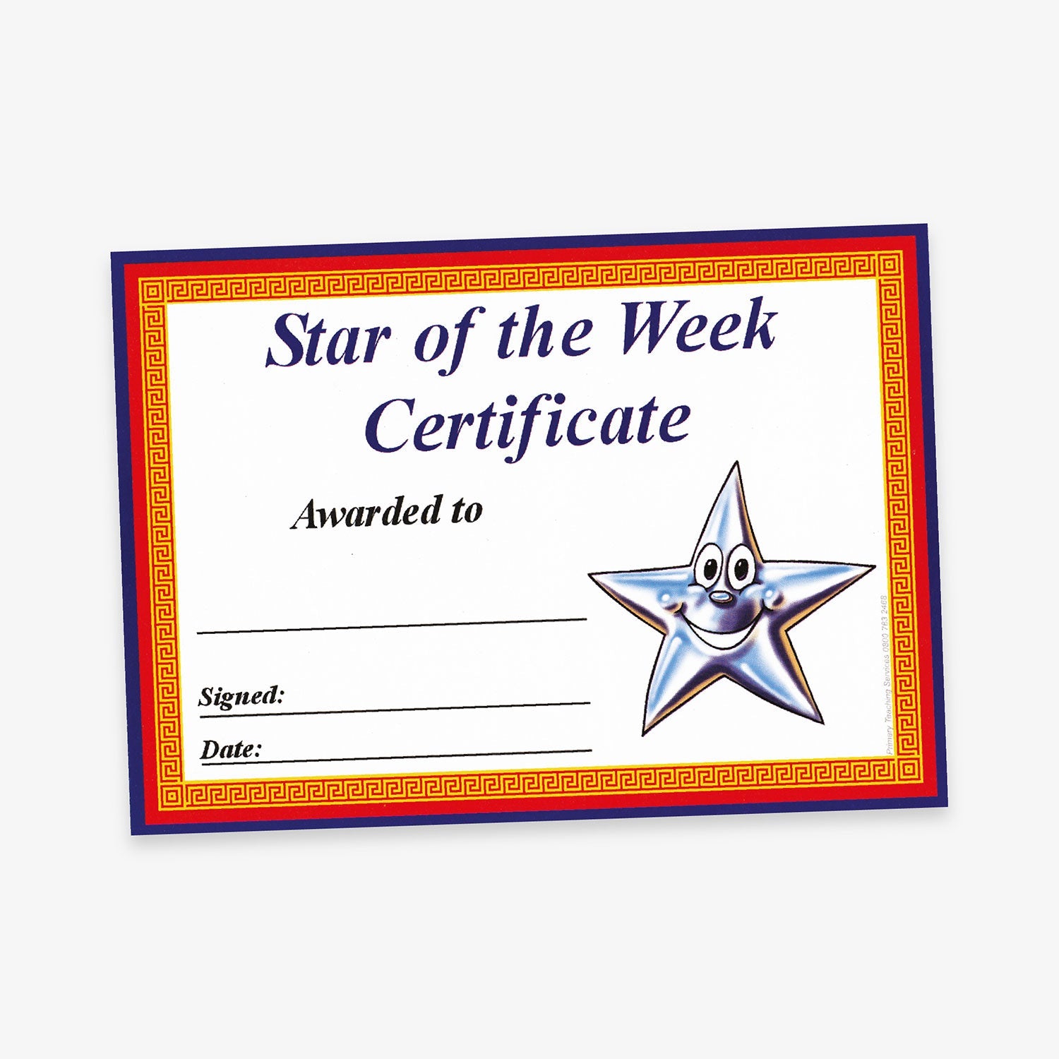 Star of the Week Certificate' with a red and gold decorative border, classic font, and a smiling silver star character on the right. Includes lines for recipient name, signature, and date.