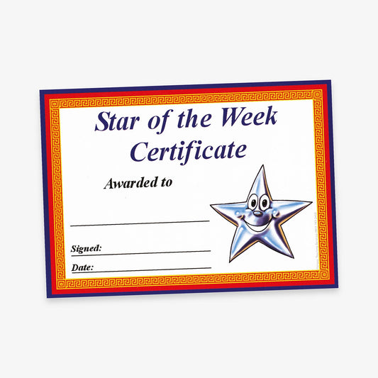 Star of the Week Certificate' with a red and gold decorative border, classic font, and a smiling silver star character on the right. Includes lines for recipient name, signature, and date.