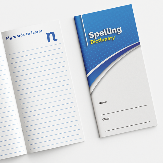 Modern 'Spelling Dictionary' book with a blue and white cover featuring curved design elements and the title in bold white and yellow text. There are blank spaces for 'Name' and 'Class' at the bottom. The open page beside it is titled 'My words to learn' with the letter 'n' at the top, followed by lined space for writing vocabulary words.