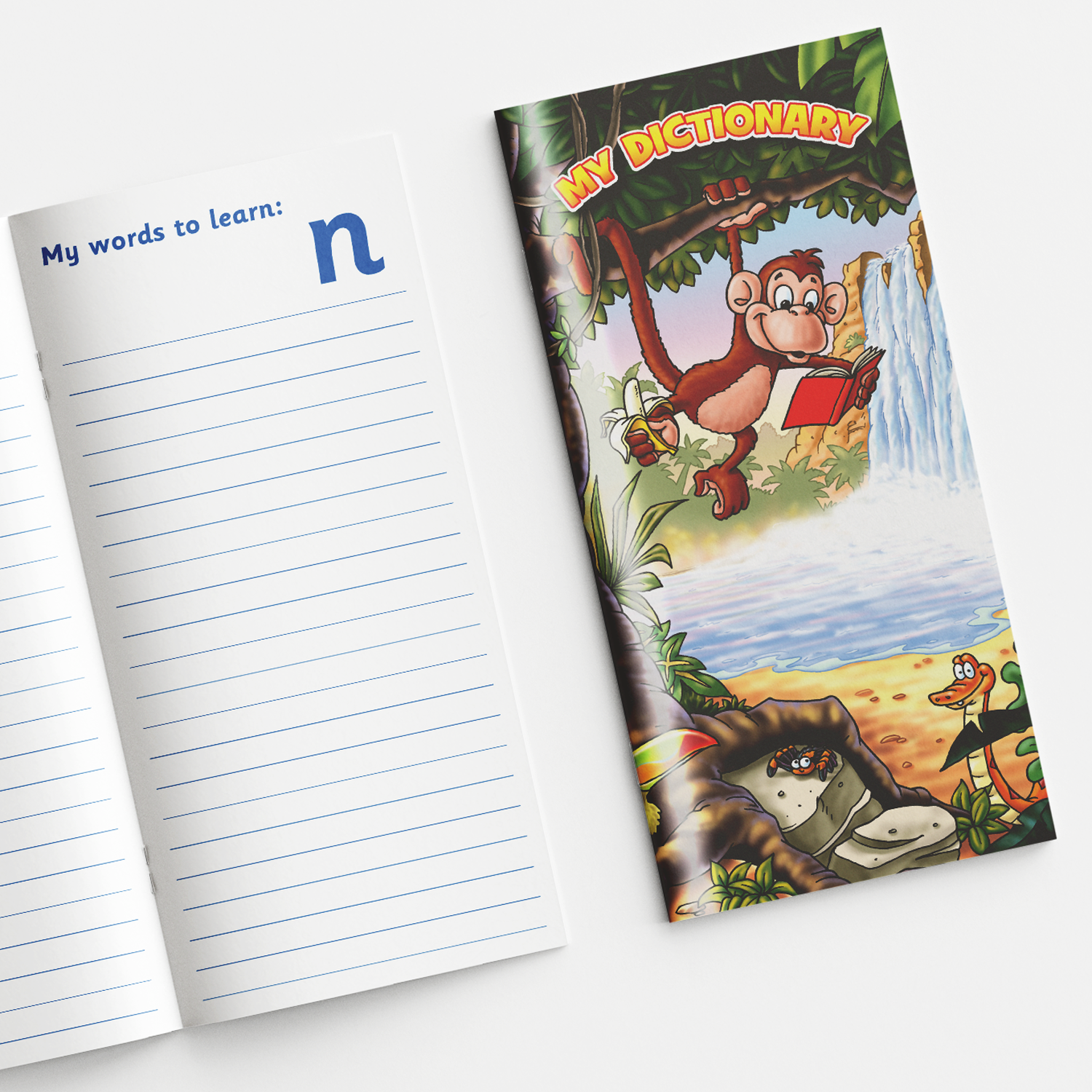 A children's illustrated dictionary titled 'My Dictionary' with a colourful jungle-themed cover featuring a monkey reading a book, a snake, and other animals near a waterfall. The inside page shown is titled 'My words to learn:' with lined writing space and the letter 'n' at the top, indicating a section for vocabulary starting with that letter.
