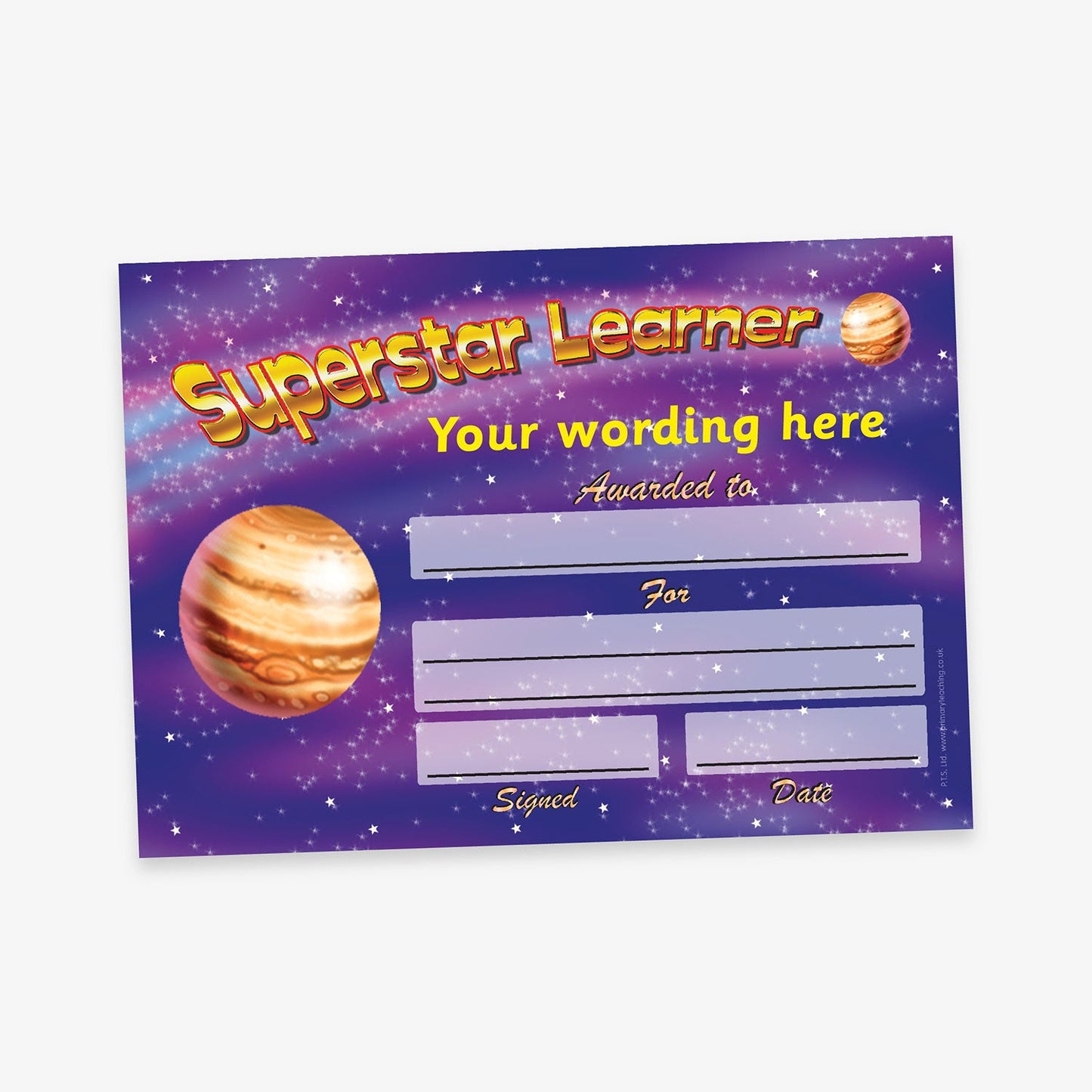Superstar Learner award certificate featuring a purple galaxy background with stars, images of planets, and customisable text areas for recipient details, achievement, signature, and date.