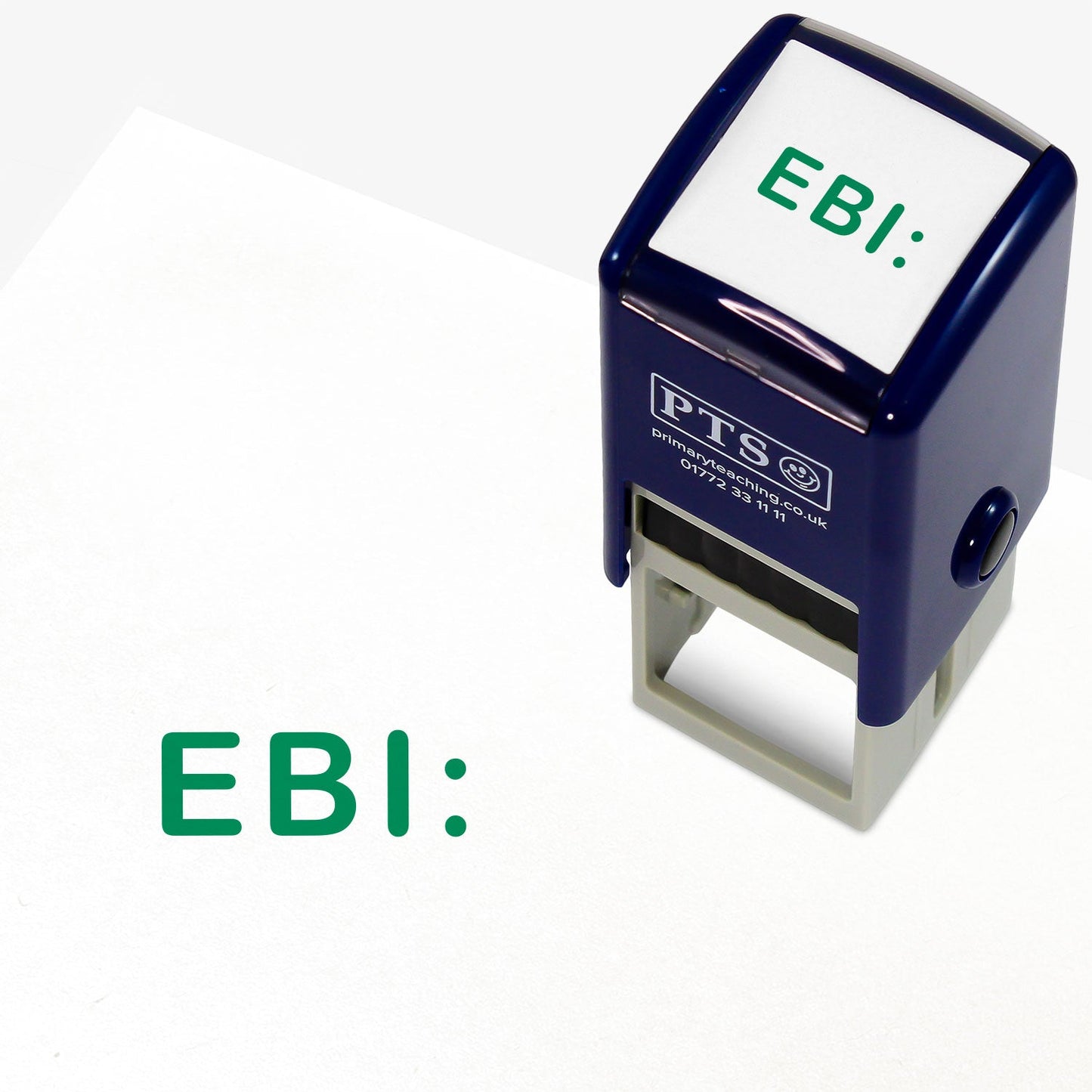 Green 25mm pre-inked stamper featuring 'EBI:'