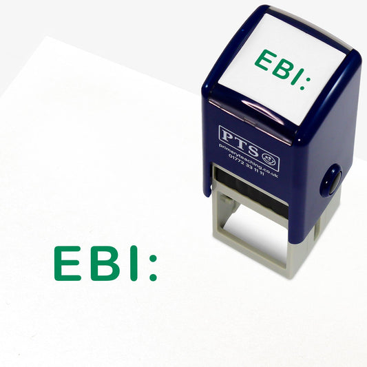 Green 25mm pre-inked stamper featuring 'EBI:'